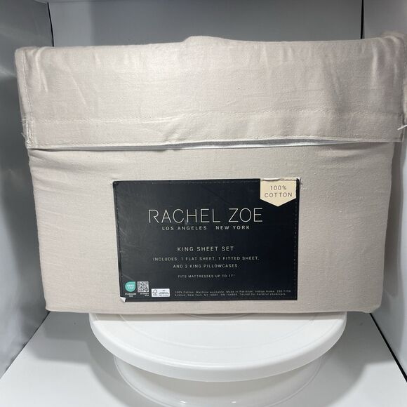 NWT Rachel Zoe 100% Cotton King 4 Piece Sheet Beige Neutral Certified OEKO-TEX - Picture 3 of 4